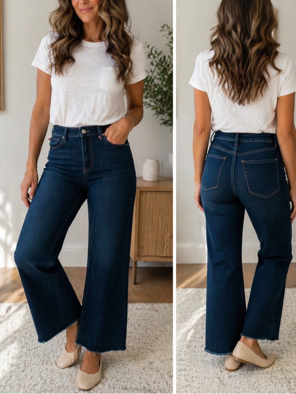 RISEN Jeans 11/30 Dark Wash Raw Hem Cropped Flare High Rise Stretch Denim